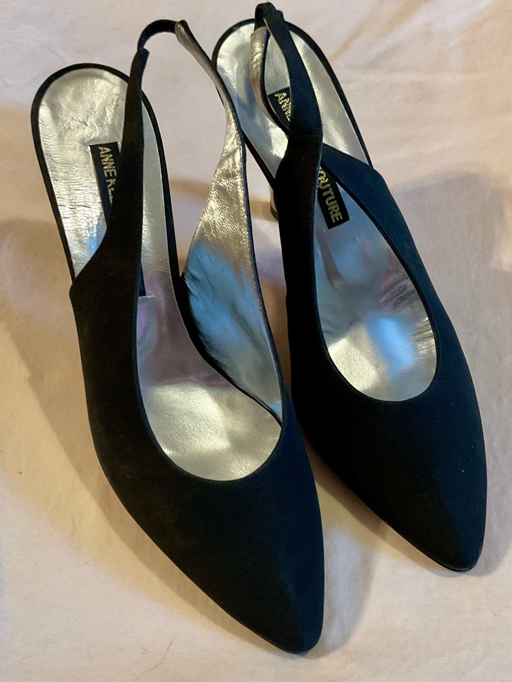 Vintage Anne Klein Couture Black Satin Slingback Pointed-Toe with Silver Heels